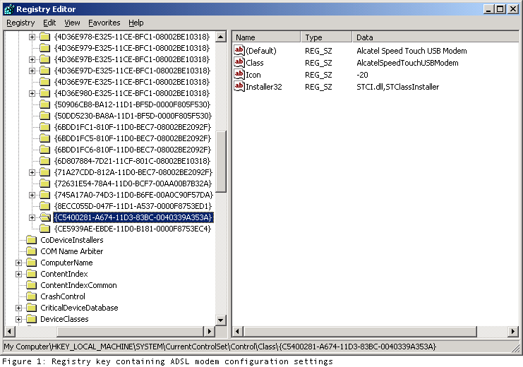 Figure 1: Registry key containing ADSL modem configuration settings